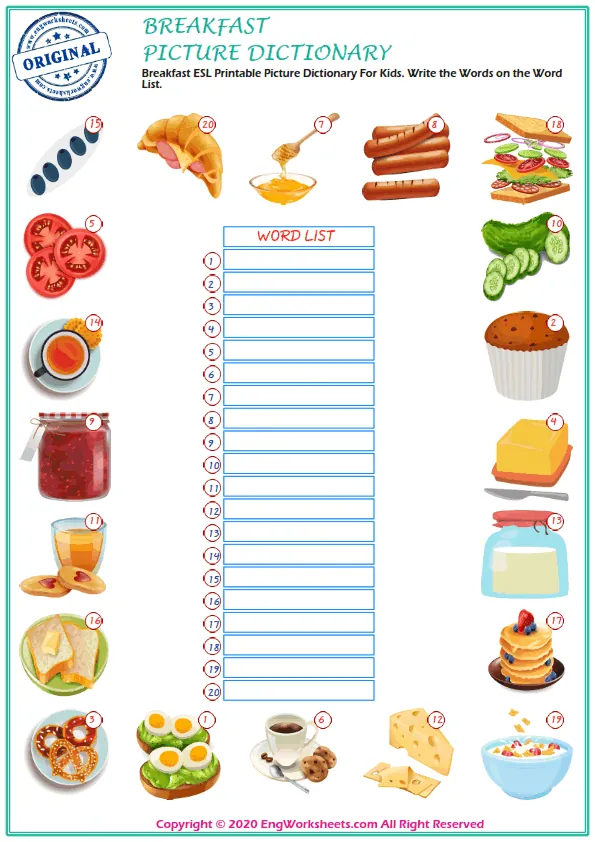 Breakfast ESL Printable Picture Dictionary For Kids. Write the Words on the Word List. Worksheet Preview