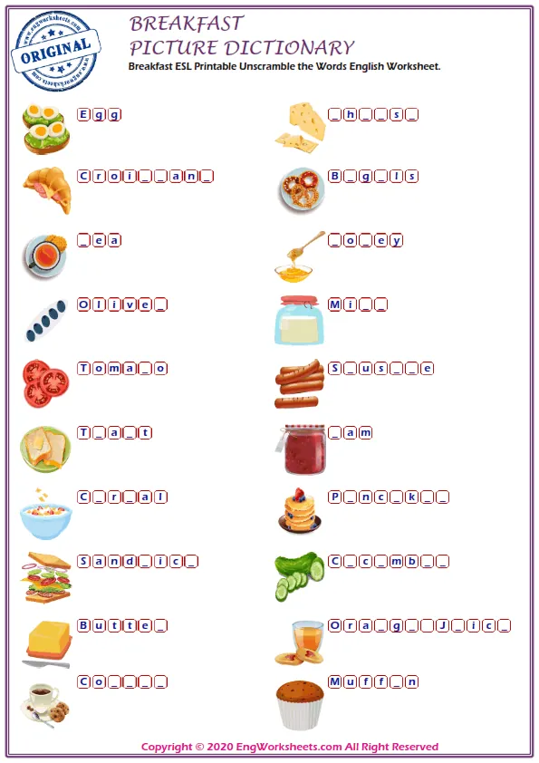Breakfast ESL Printable Unscramble the Words English Worksheet. Worksheet Preview