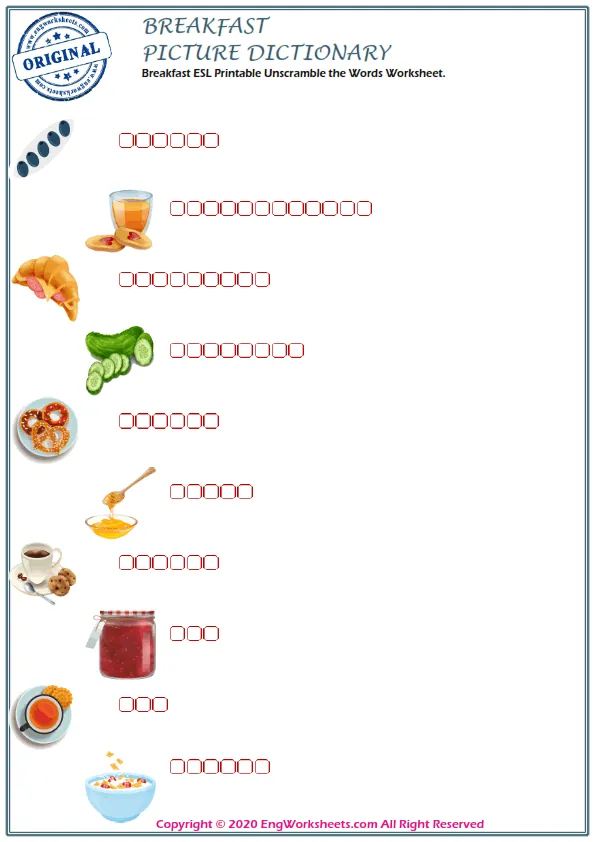 Breakfast ESL Printable Unscramble the Words Worksheet. Worksheet Preview
