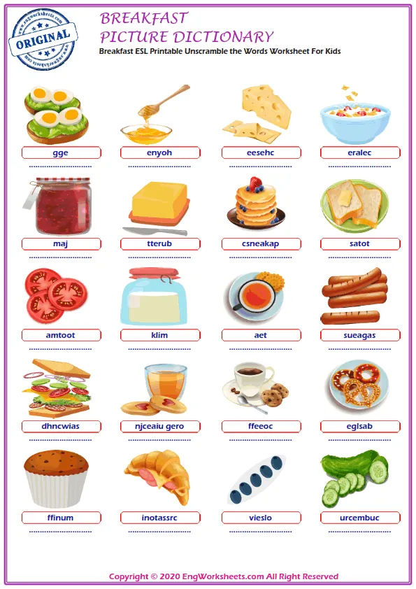 Breakfast ESL Printable Unscramble the Words Worksheet For Kids Worksheet Preview