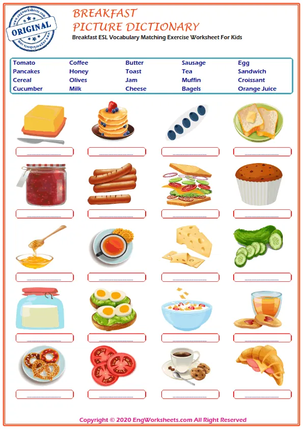 Breakfast ESL Vocabulary Matching Exercise Worksheet For Kids Worksheet Preview