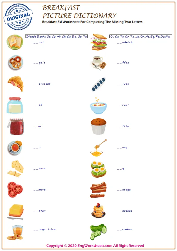 Breakfast Esl Worksheet For Completing The Missing Two Letters. Worksheet Preview