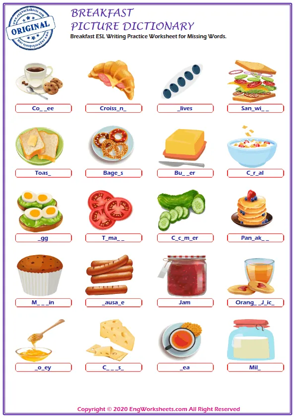 Breakfast ESL Writing Practice Worksheet for Missing Words. Worksheet Preview