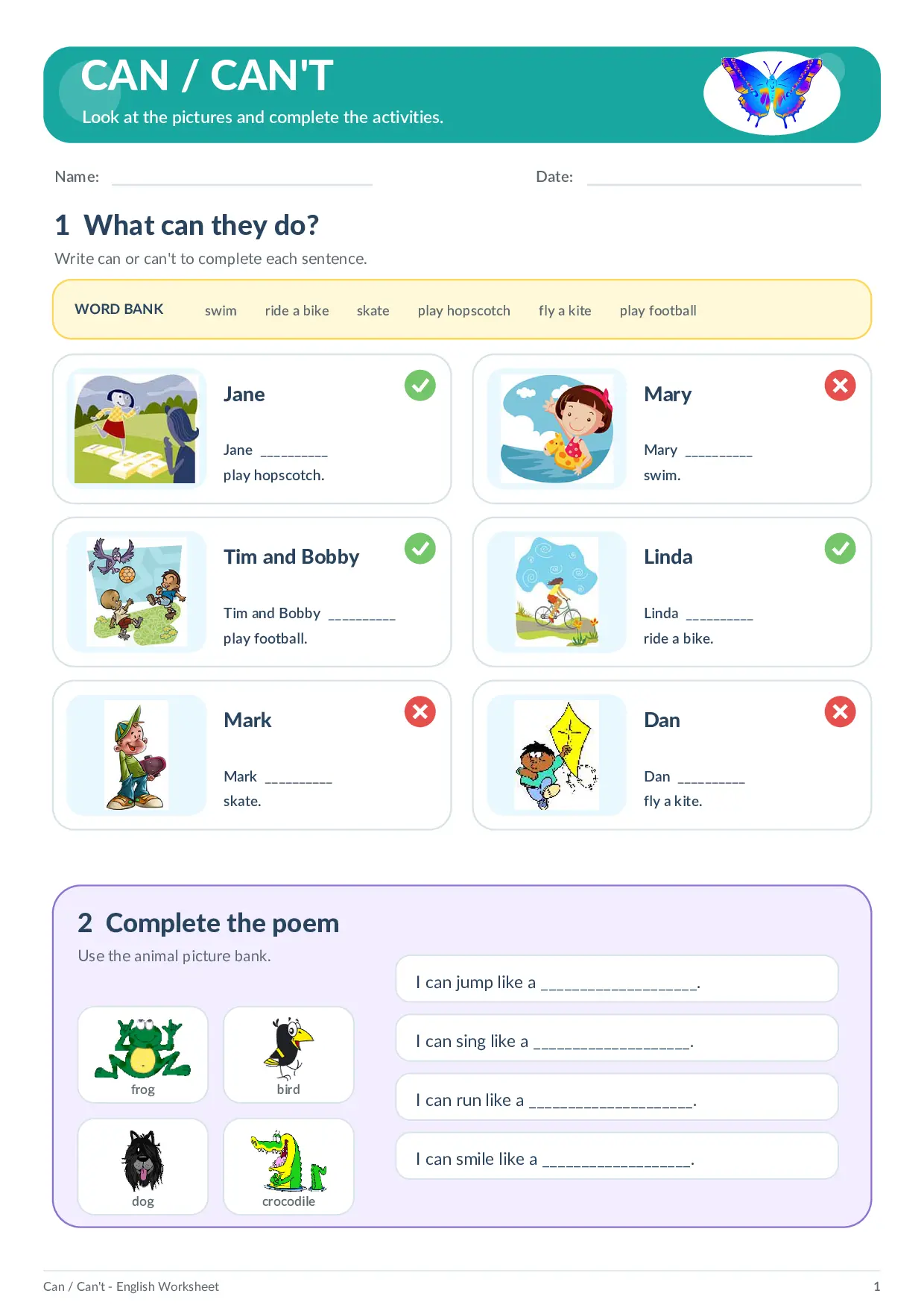 Can and Can’t for Kids – English Ability Worksheet Worksheet Preview