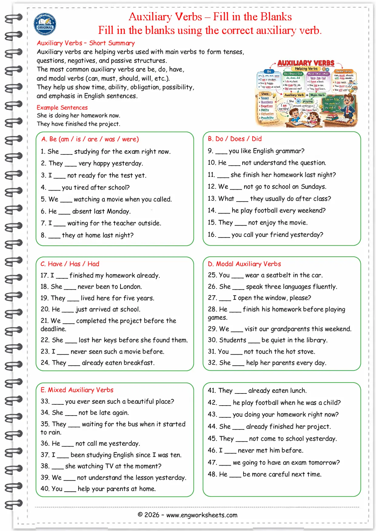 Auxiliary Verbs Grammar Worksheets for Grade 5 6 and 7 with Exercises and Answers