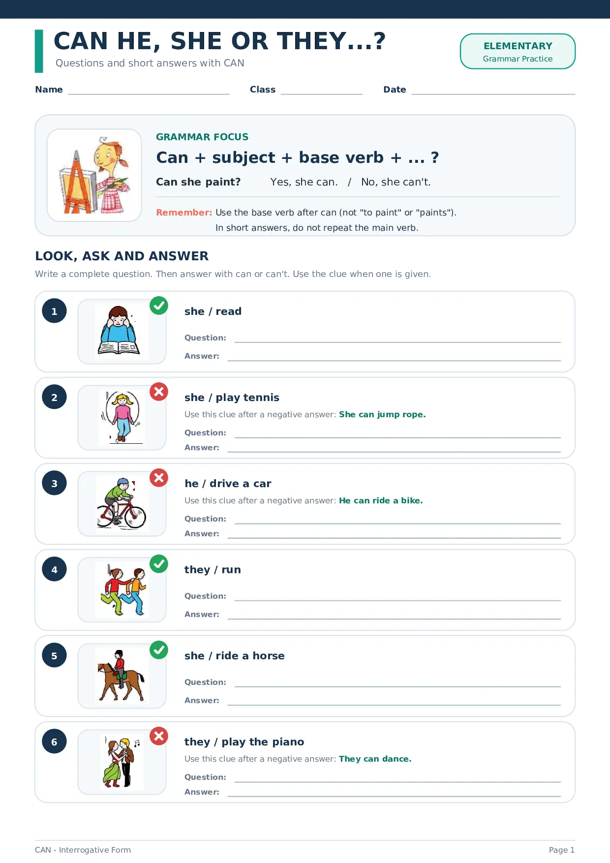 Can He, She or They? Questions and Short Answers with Can Worksheet Preview