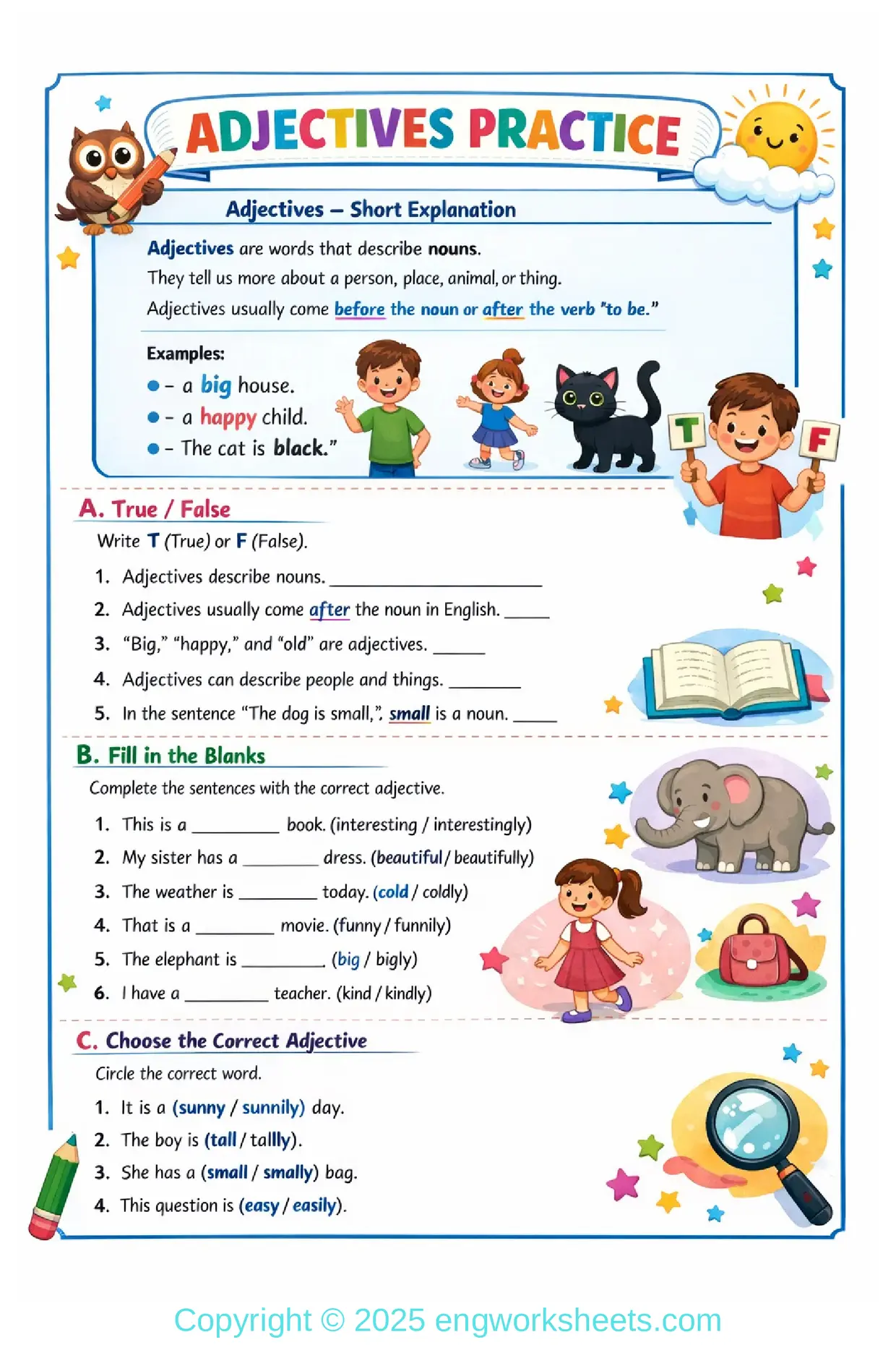 Adjectives Worksheet for ESL Students with Answers