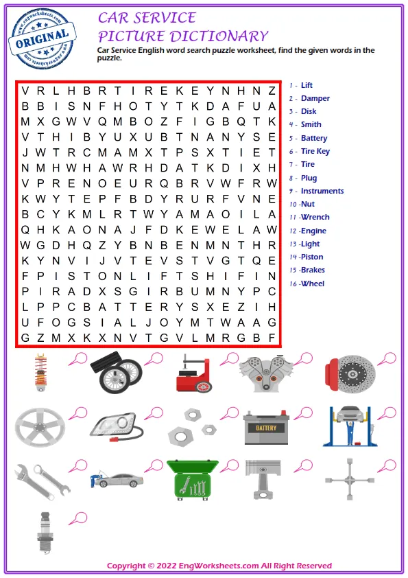 Wordless Car Service vocabulary worksheet with nine images per page