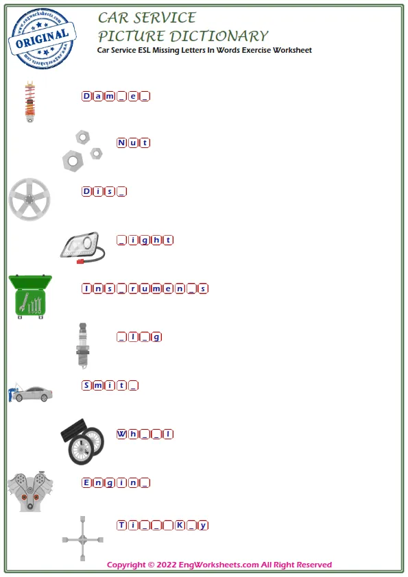 Car Service ESL Missing Letters In Words Exercise Worksheet