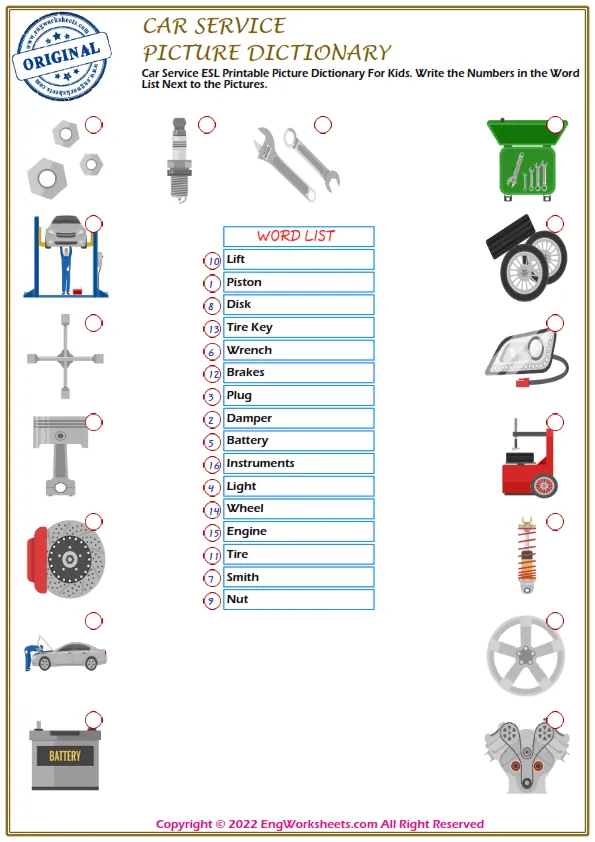 Car Service ESL Printable Picture Dictionary For Kids. Write the Numbers in the Word List Next to the Pictures. Worksheet Preview