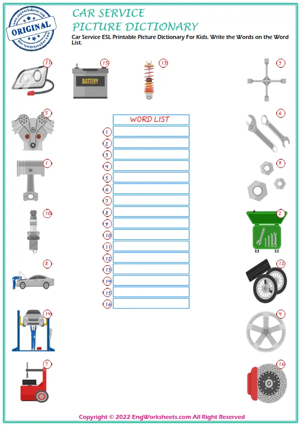 Car Service ESL Printable Picture Dictionary For Kids. Write the Words on the Word List.