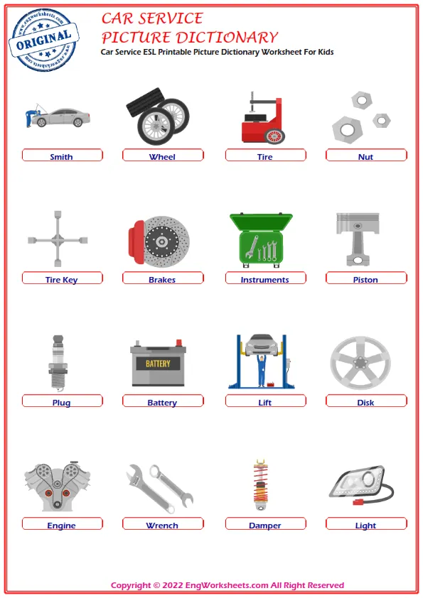 Car Service ESL Printable Picture Dictionary Worksheet For Kids