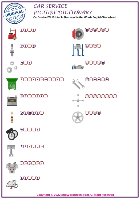 Car Service ESL Printable Unscramble the Words English Worksheet.