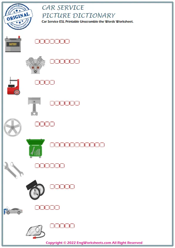 Car Service ESL Printable Unscramble the Words Worksheet.