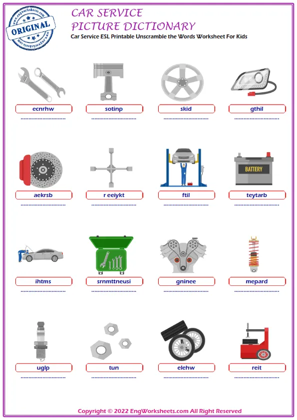 Car Service ESL Printable Unscramble the Words Worksheet For Kids