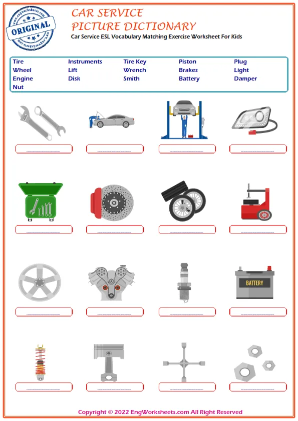 Car Service ESL Vocabulary Matching Exercise Worksheet For Kids