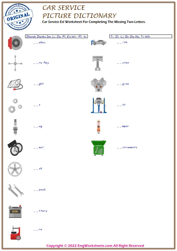Car Service Esl Worksheet For Completing The Missing Two Letters.