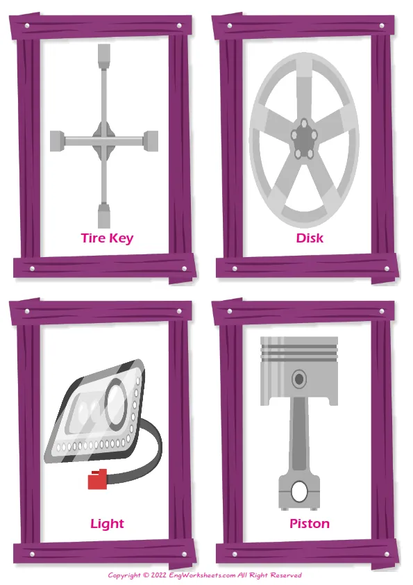 Wordless Car Service vocabulary worksheet with two images per page