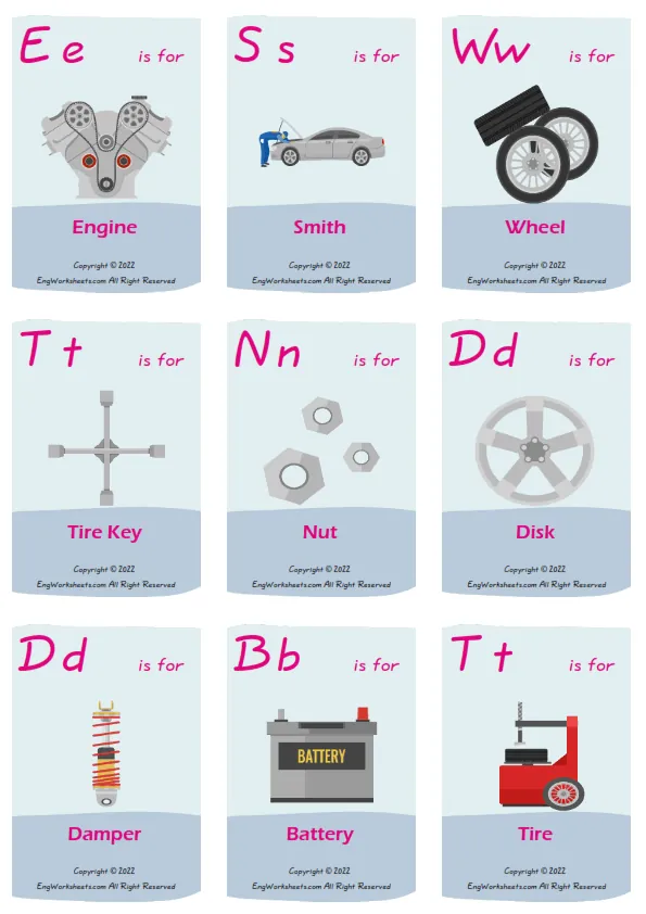 Car Service vocabulary worksheet with words, four images per page