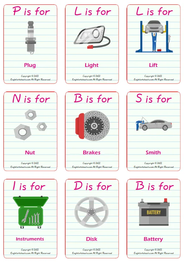 Car Service vocabulary worksheet with words, six images per page