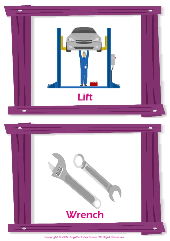 Full-page wordless Car Service English vocabulary worksheet