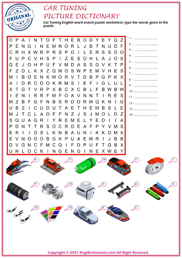 Car Tuning English word search puzzle worksheet, type the words given in the puzzle.
