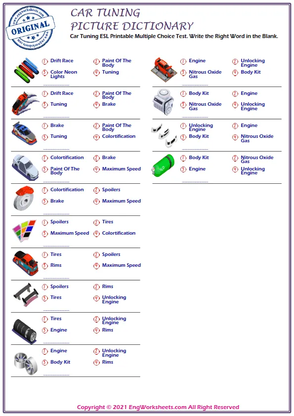 Car Tuning ESL Printable Multiple Choice Test. Write the Right Word in the Blank.