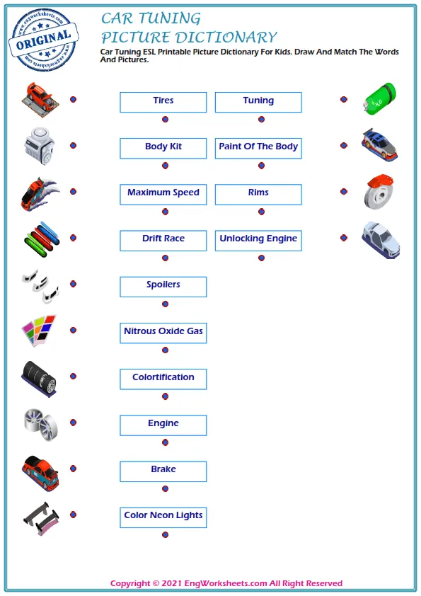 Car Tuning ESL Printable Picture Dictionary For Kids. Draw And Match The Words And Pictures.