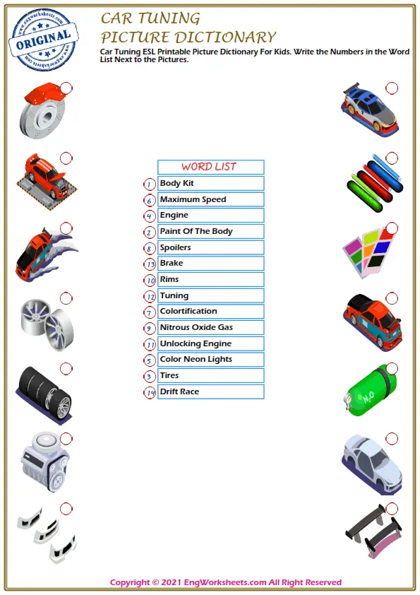 Car Tuning ESL Printable Picture Dictionary For Kids. Write the Numbers in the Word List Next to the Pictures.