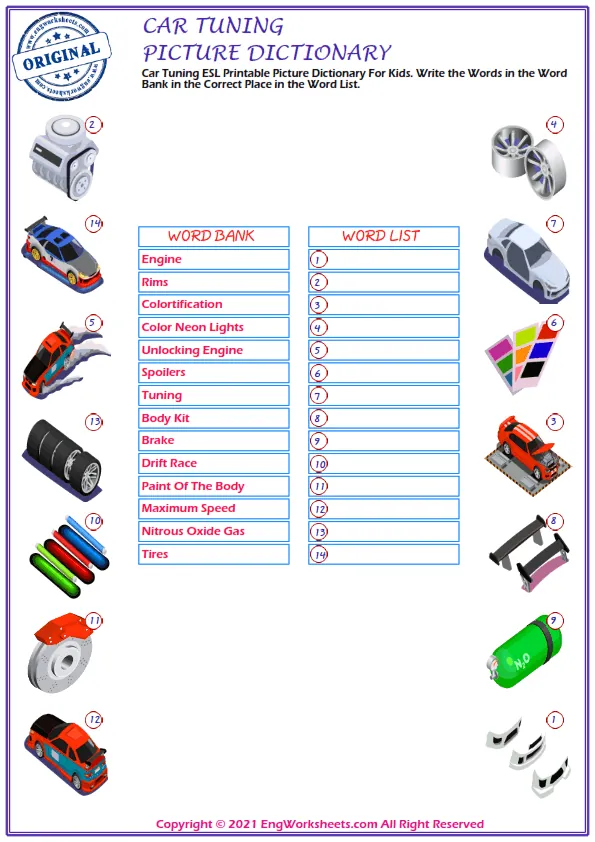 Car Tuning ESL Printable Picture Dictionary For Kids. Write the Words in the Word Bank in the Correct Place in the Word List. Worksheet Preview
