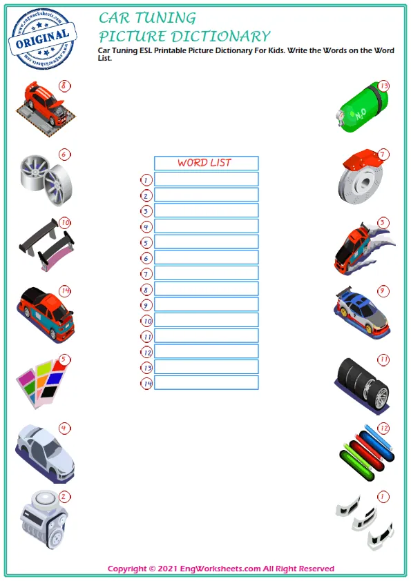 Car Tuning ESL Printable Picture Dictionary For Kids. Write the Words on the Word List. Worksheet Preview