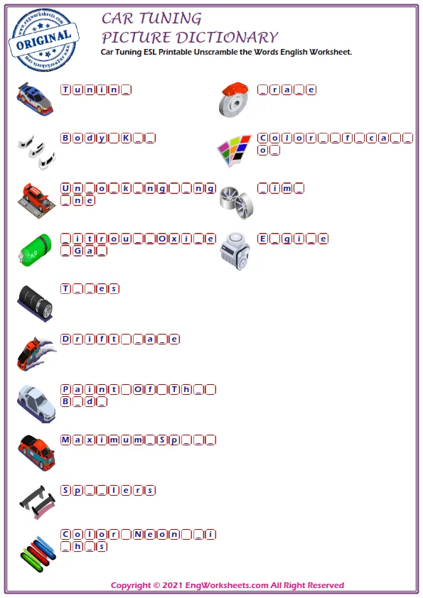 Car Tuning ESL Printable Unscramble the Words English Worksheet.
