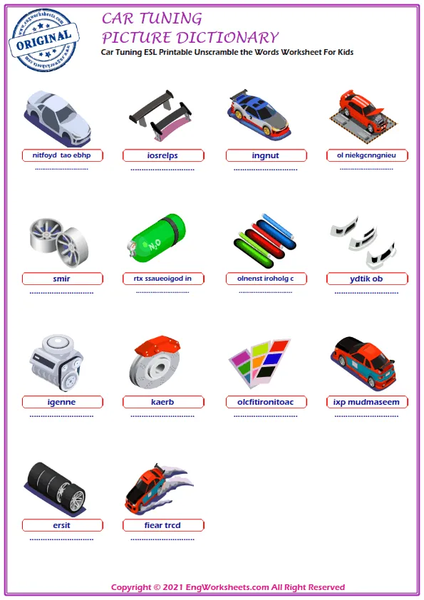 Car Tuning ESL Printable Unscramble the Words Worksheet For Kids