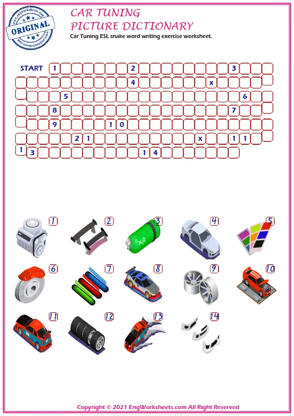 Car Tuning ESL snake word writing exercise worksheet.