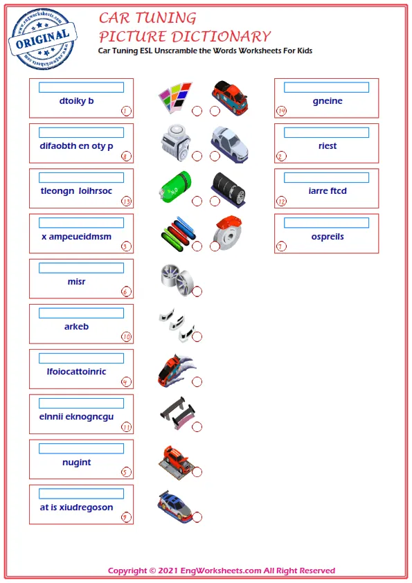 Car Tuning ESL Unscramble the Words Worksheets For Kids