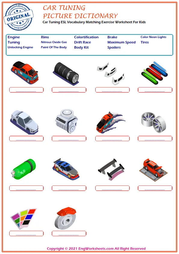 Car Tuning ESL Vocabulary Matching Exercise Worksheet For Kids