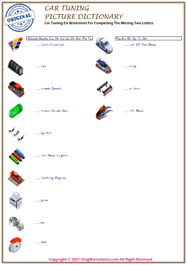 Car Tuning Esl Worksheet For Completing The Missing Two Letters.