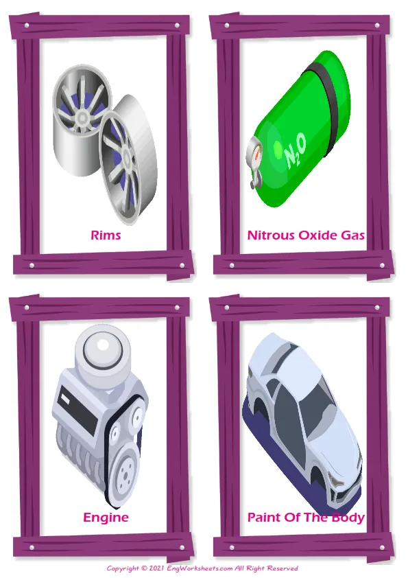 Car Tuning vocabulary worksheet with words, four images per page