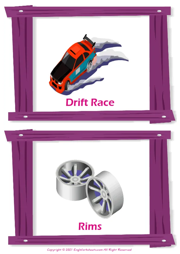 Car Tuning vocabulary worksheet with words, two images per page