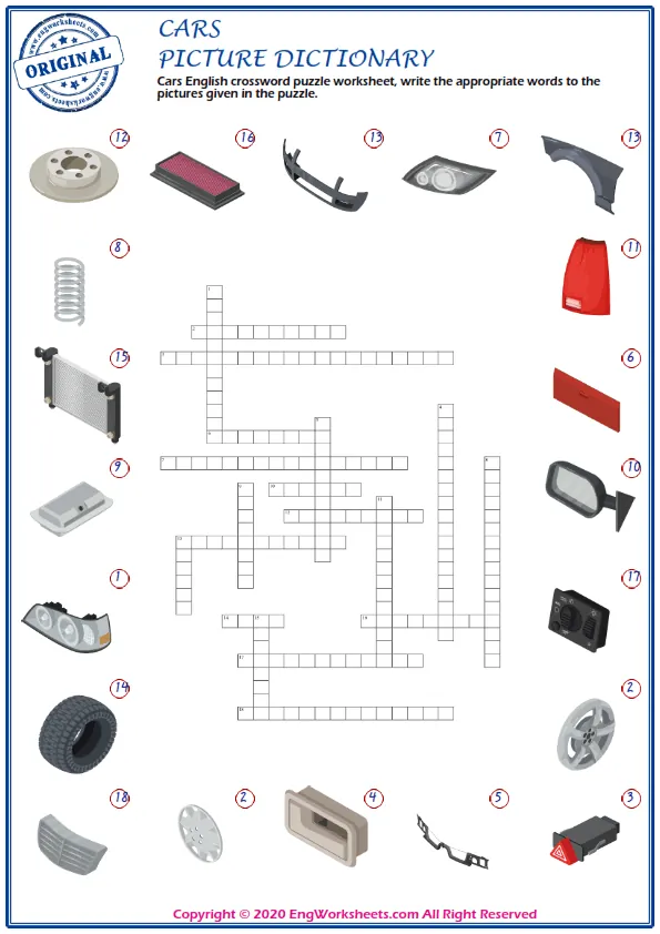 Cars English crossword puzzle worksheet, write the appropriate words to the pictures given in the puzzle.