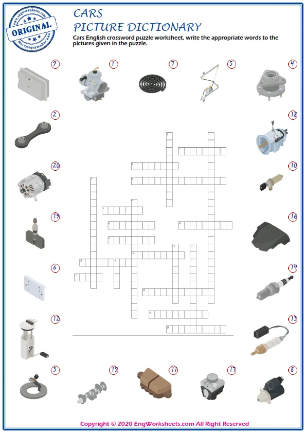 Cars English crossword puzzle worksheet, write the appropriate words to the pictures given in the puzzle. Worksheet Preview