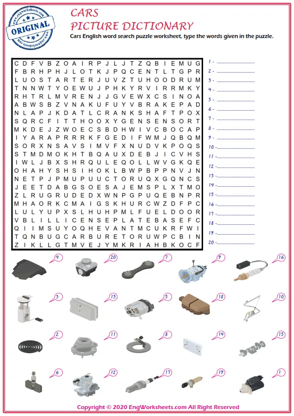Cars English word search puzzle worksheet, type the words given in the puzzle. Worksheet Preview