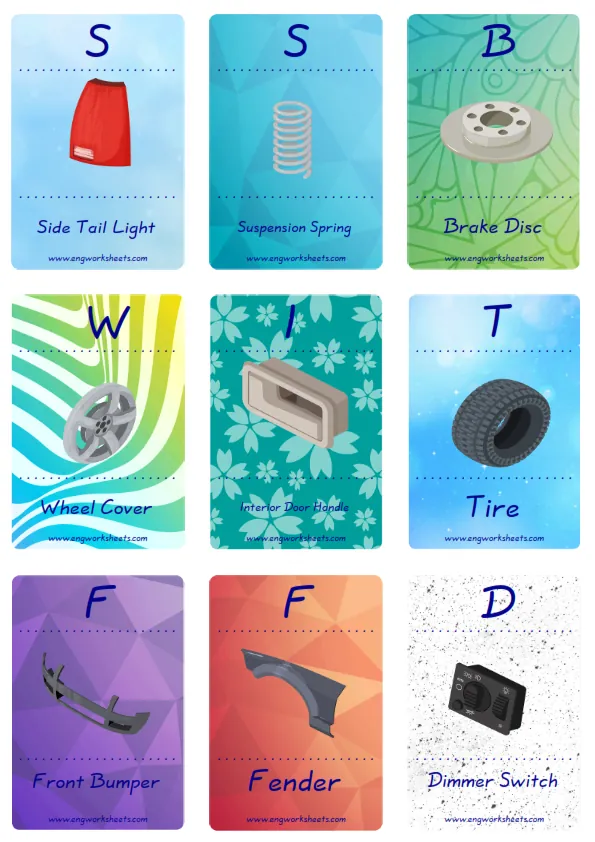 Mini size enjoyable ESL Flashcard Cars for kids and teachers.