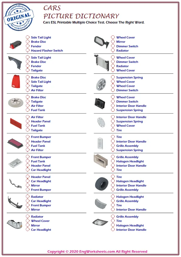 Cars ESL Printable Multiple Choice Test. Choose The Right Word.