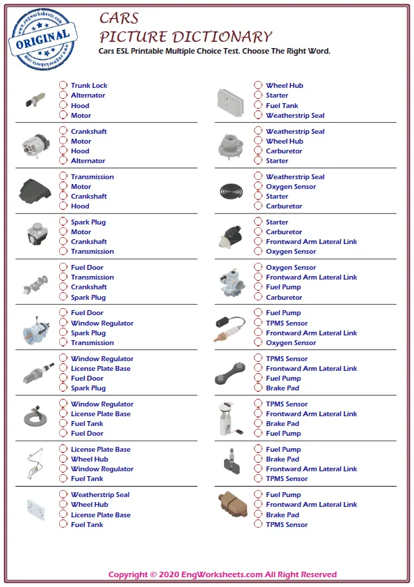Cars ESL Printable Multiple Choice Test. Choose The Right Word. Worksheet Preview