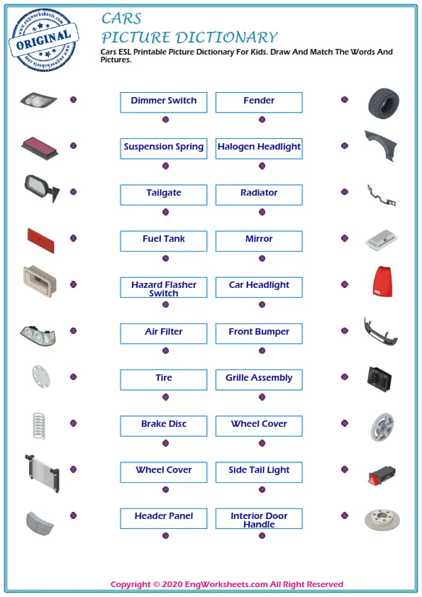 Cars ESL Printable Picture Dictionary For Kids. Draw And Match The Words And Pictures.