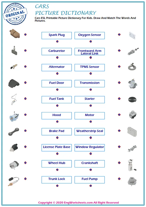 Cars ESL Printable Picture Dictionary For Kids. Draw And Match The Words And Pictures. Worksheet Preview