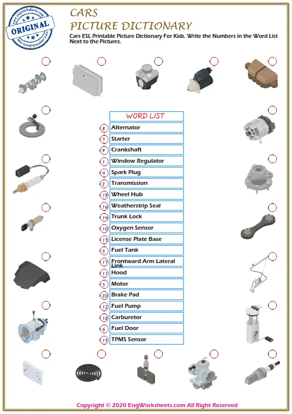 Cars ESL Printable Picture Dictionary For Kids. Write the Numbers in the Word List Next to the Pictures. Worksheet Preview
