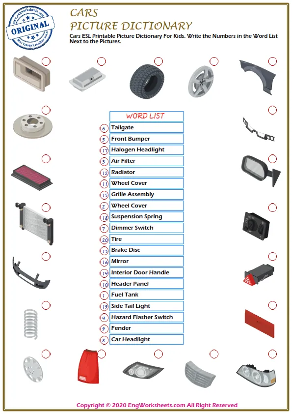 Cars ESL Printable Picture Dictionary For Kids. Write the Numbers in the Word List Next to the Pictures.