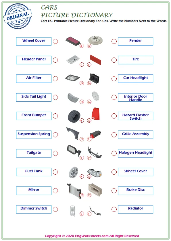 Cars ESL Printable Picture Dictionary For Kids. Write the Numbers Next to the Words.